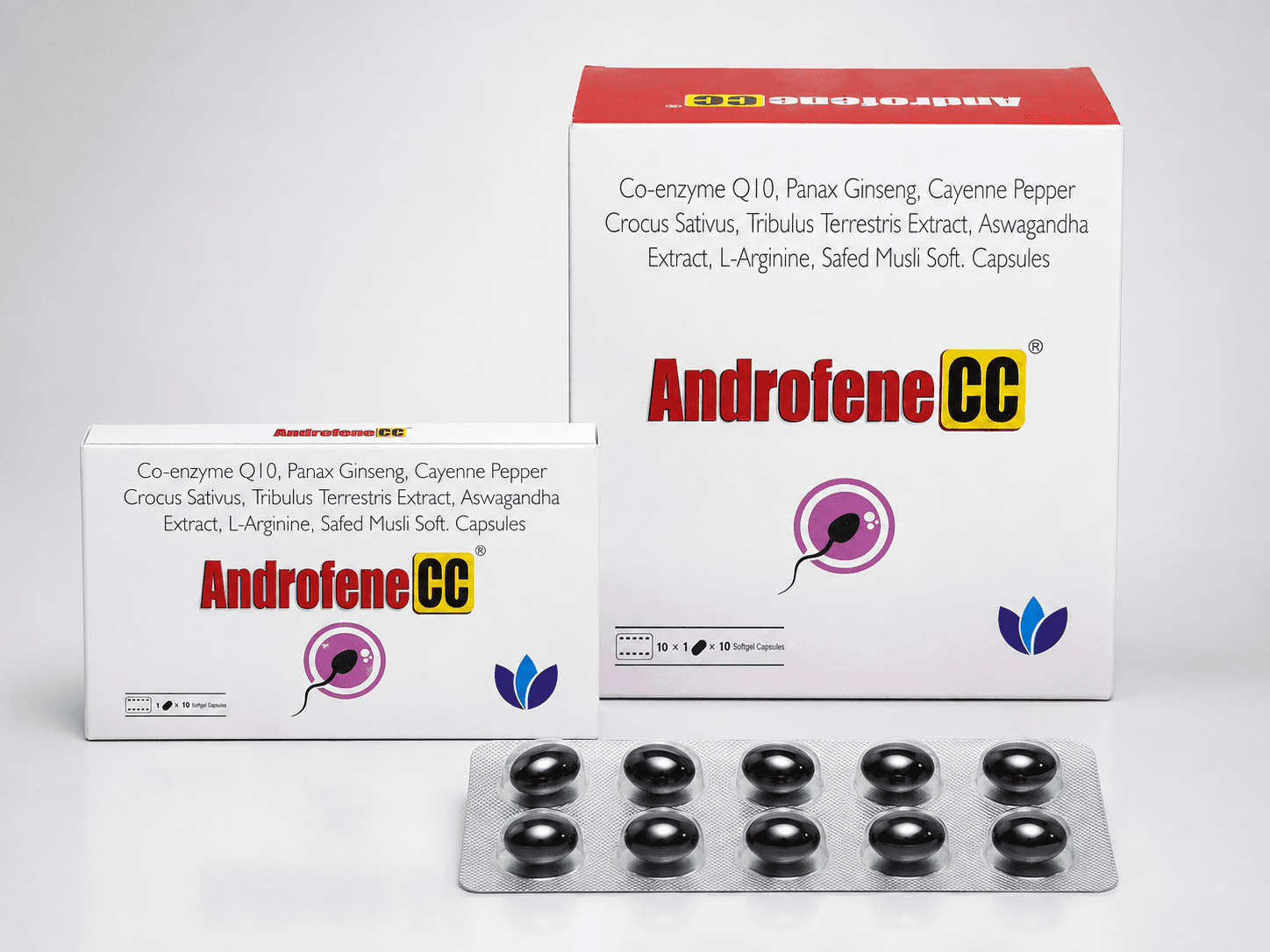 Androfene CC - Co-enzyme Q10, Panax Ginseng, Cayenne Pepper, Crocus Sativus, Tribulus Terrestris Extract, Ashwagandha Extract, L-Arginine & Safed Musli Soft Gelatin Capsules formulation packaging