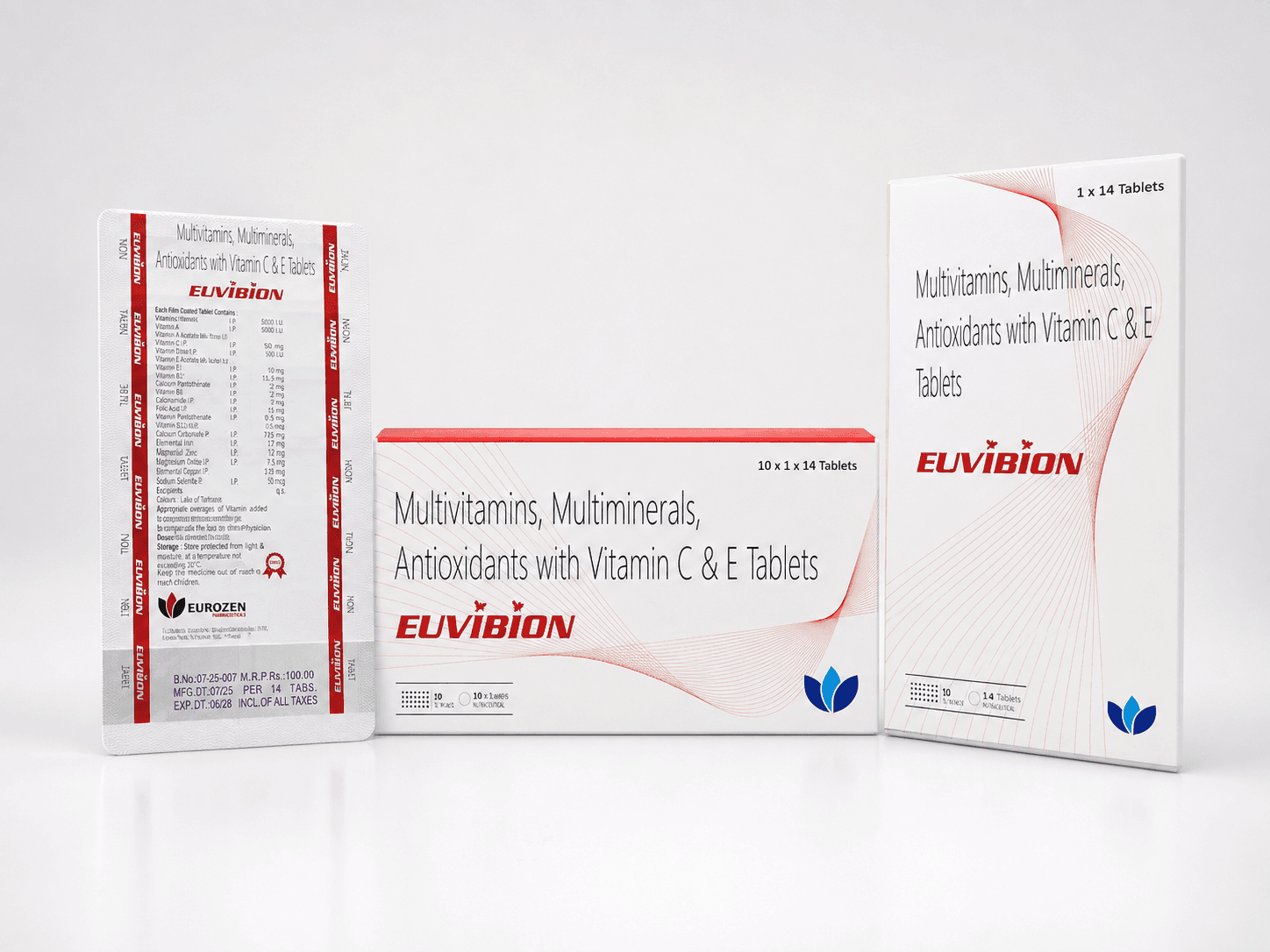 Euvibion Tablets - Multivitamins, Multiminerals, Antioxidants with Vitamin C (50mg), Vitamin E (10mg), Vitamin A (5000 IU), Vitamin D3 (500 IU), Vitamin B-Complex, Calcium Carbonate (725mg), Elemental Iron (17mg), Zinc (12mg), Copper, Magnesium & Selenium (50mcg) Tablets formulation packaging
