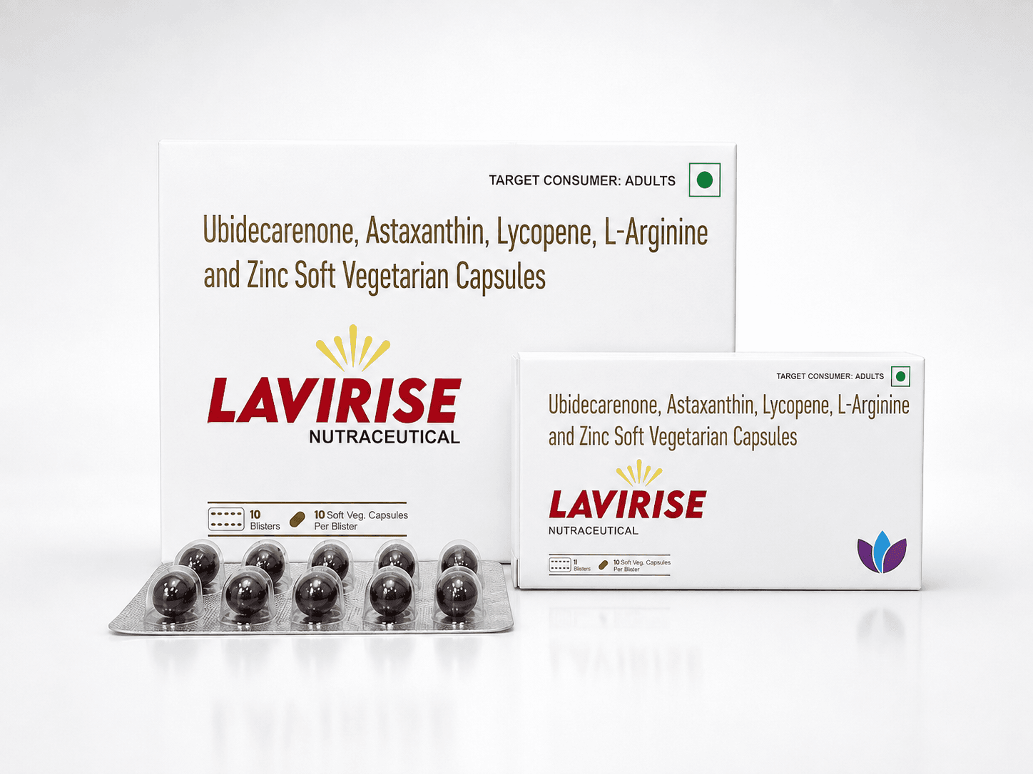 Lavirise - Ubidecarenone, Astaxanthin, Lycopene, L-Arginine & Zinc Soft Vegetarian Capsules formulation packaging