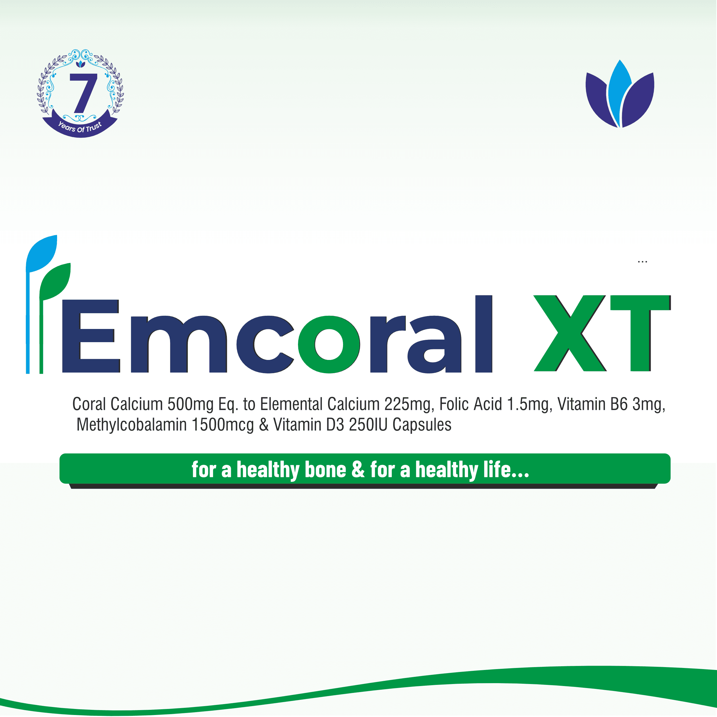 Emcoral XT Capsules - Coral Calcium 500 mg (Eq. to Elemental Calcium 225 mg), Folic Acid 1.5 mg, Vitamin B6 3 mg, Methylcobalamin 1500 mcg & Vitamin D3 250 IU Capsules formulation packaging