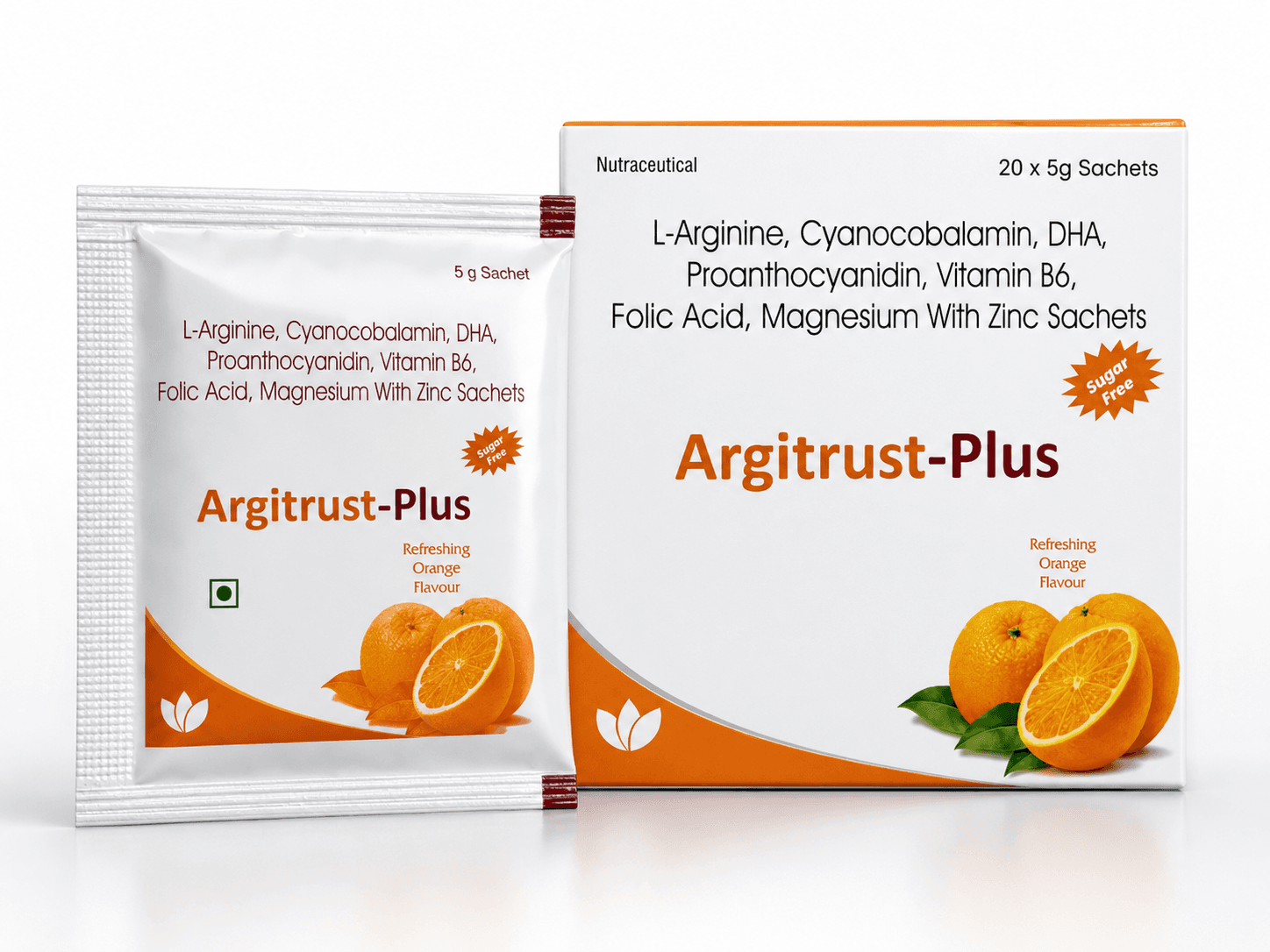 Argitrust-Plus - L-Arginine, Cyanocobalamin, DHA, Proanthocyanidin, Vitamin B6, Folic Acid, Magnesium With Zinc Sachets (Sugar Free Orange Flavour) formulation packaging